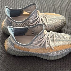 Yeezy Blue and Tan Sneakers with Knit Upper and Ribbed Sole